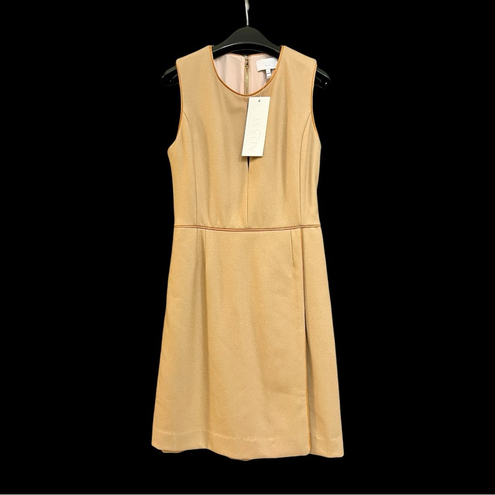 NWT Adam Lippes Brown Tan Wool Midi Dress Size 6 Lined Leather Trim Luxury